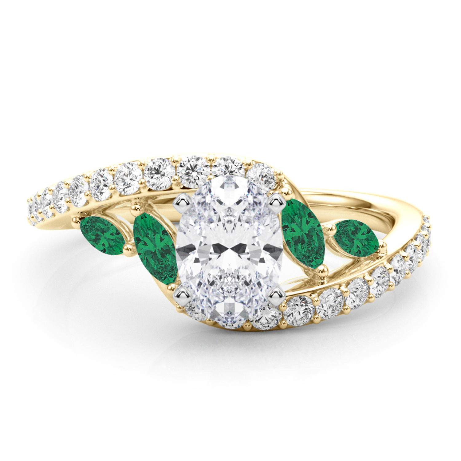 Swirl Design Lab Grown Diamond & Marquise Lab Emerald Engagement Ring 14K Yellow Gold (0.63ct)